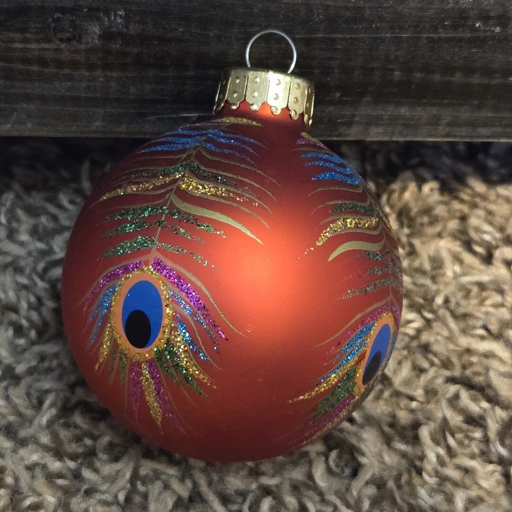 Peacock Feather Glass Ball Christmas Tree Ornament Red Glitter 3